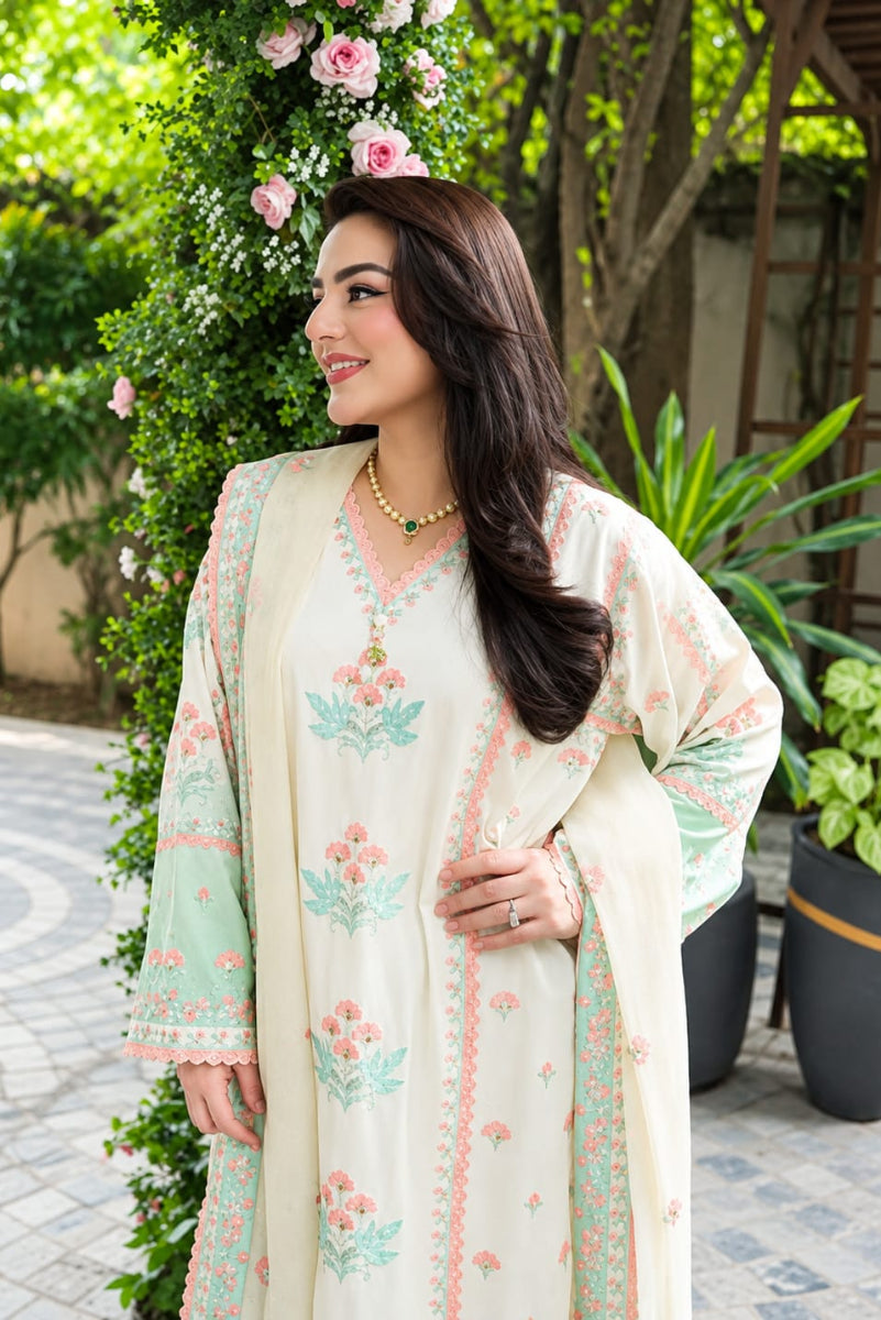 Ivory and Mint Green Tie & Dye Silk 3-Piece suit |Ready to Wear
