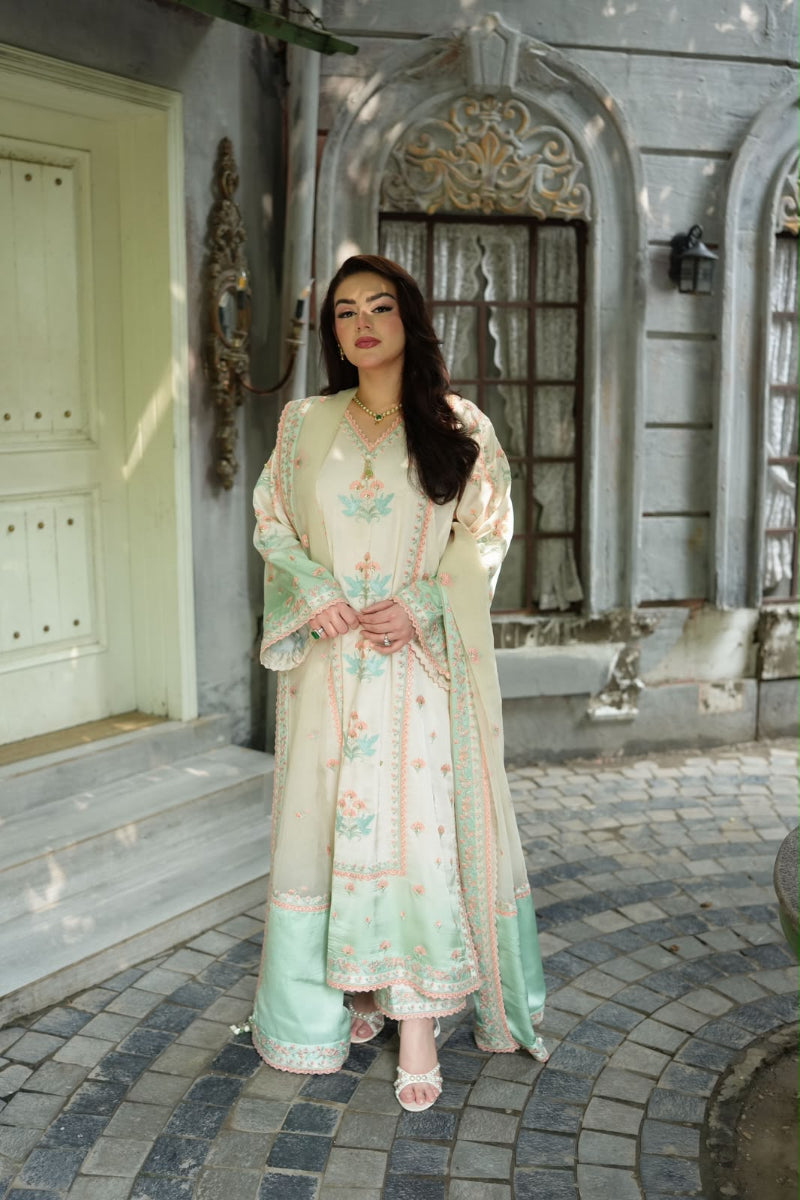 Ivory and Mint Green Tie & Dye Silk 3-Piece suit |Ready to Wear