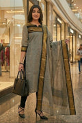Satin Cotton / Silk Woven Border Kurti Top & Dupatta 2-Piece Suit | Ready to Wear