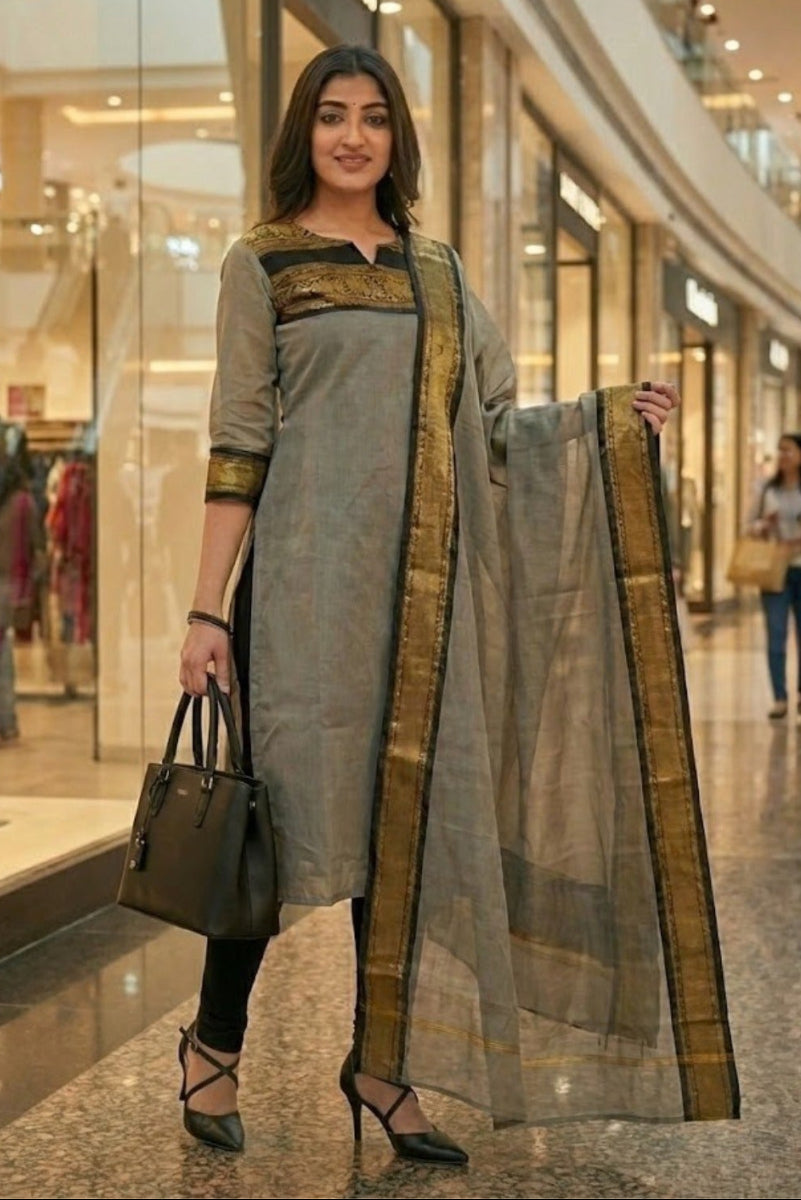 Satin Cotton / Silk Woven Border Kurti Top & Dupatta 2-Piece Suit | Ready to Wear