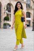 Solid Sleeveless V-Neck Kurti & Trouser 2-Piece Co-Ord Set | Ready to Wear