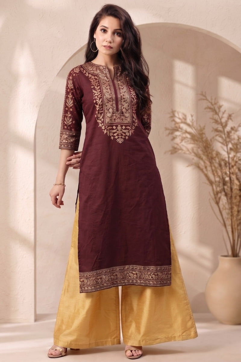 Flowy Rayon Embroidered A-Line Kurti & Palazzo 2-Piece Set | Ready to Wear
