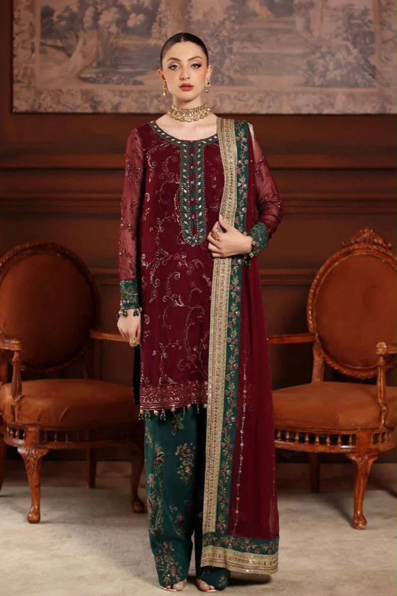 Maroon Chiffon Sequence Embroidered 3-Piece suit | Ready to Wear