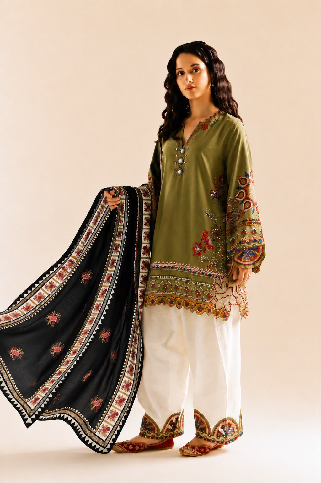 Heavy Embroidered 3-Piece Farshi Trouser Suit with Chiffon Dupatta | Ready To Wear