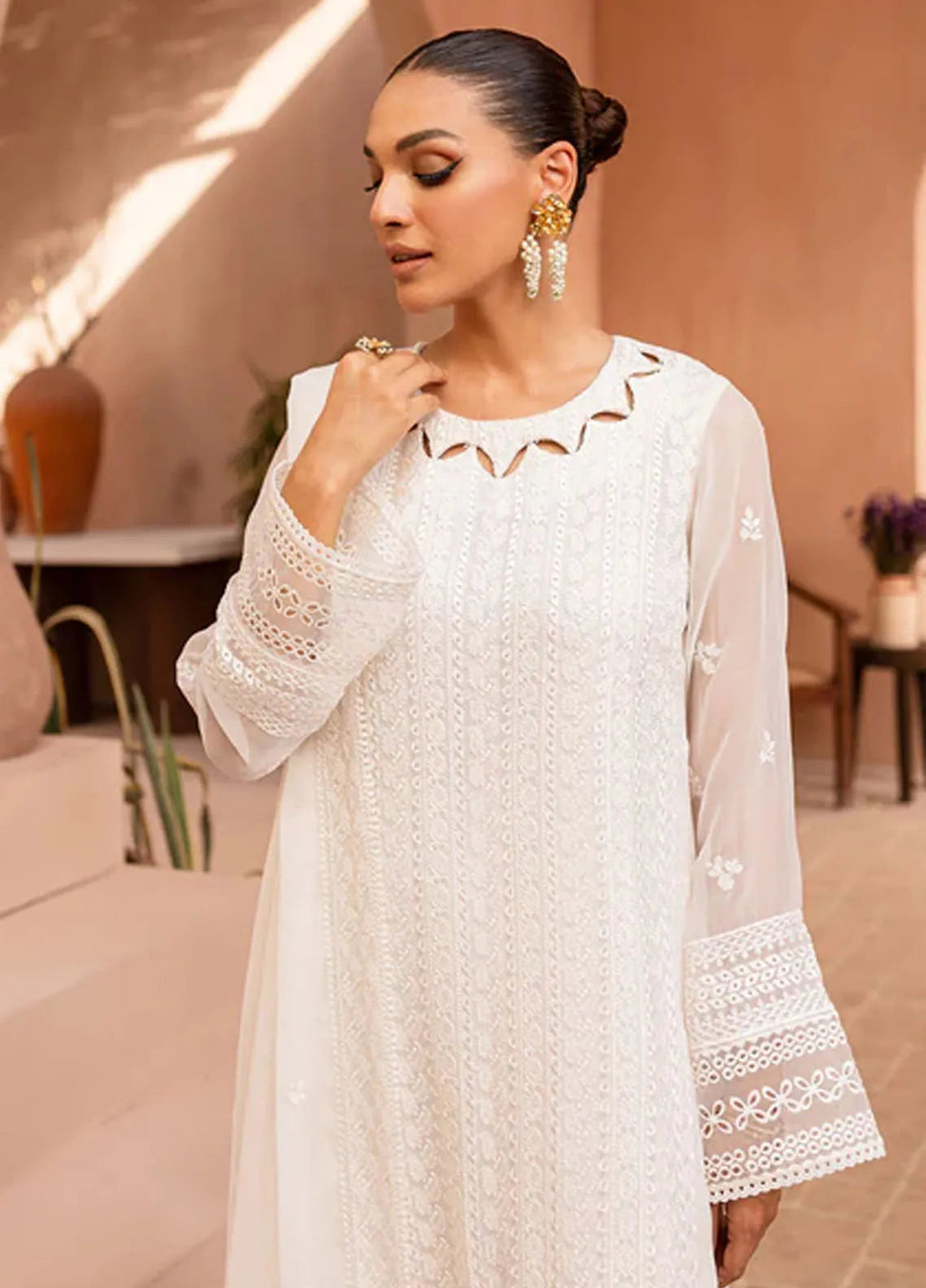 3-Piece Semi Pure Chiffon Embroidered Suit - Ready To Wear