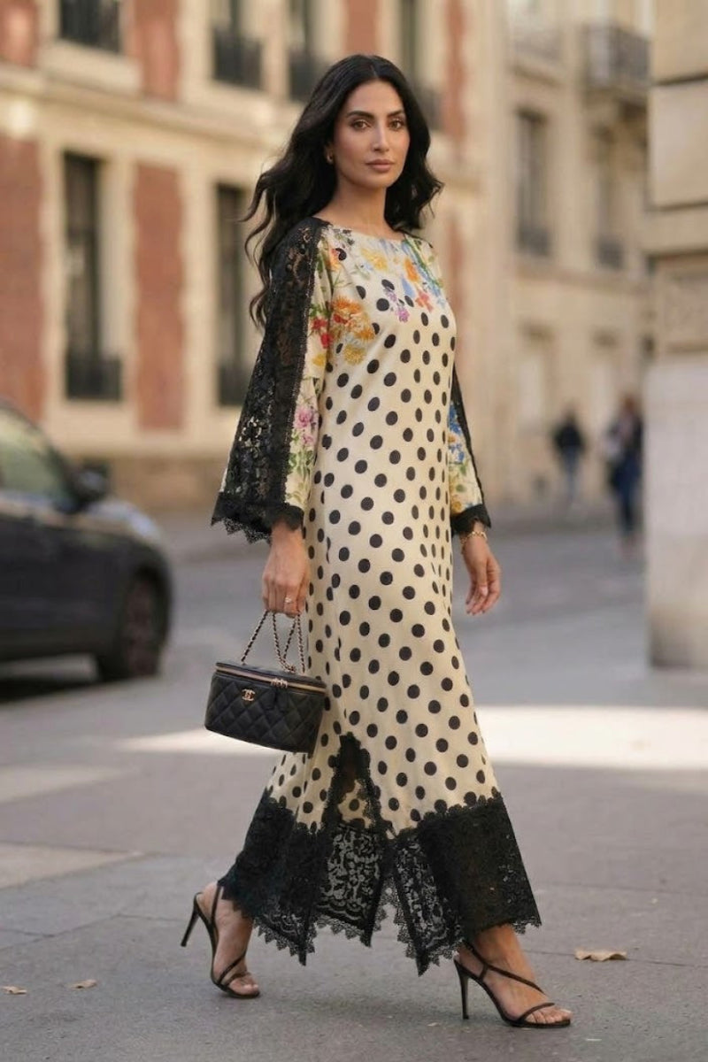 Off-White and Black Silk Polka Botanique Embroidered 2 piece suit | Ready to Wear