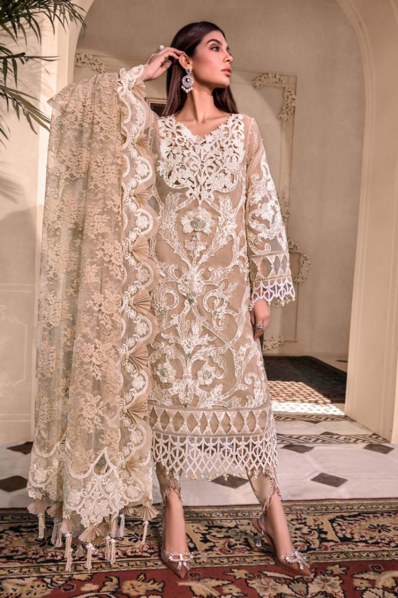 Beige Organza Heavily Embroidered 3-Piece Suit | Ready To Wear