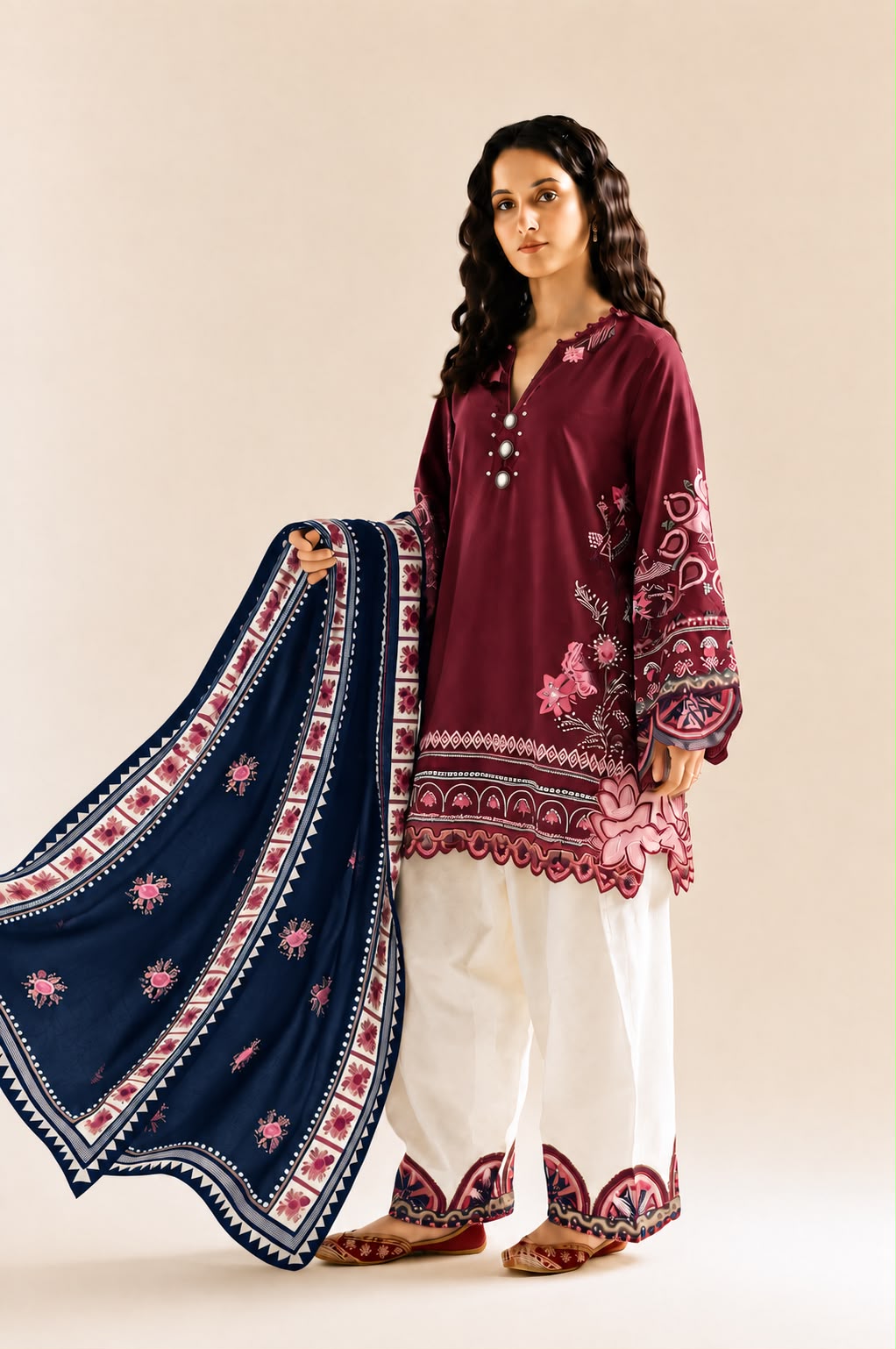 Heavy Embroidered 3-Piece Farshi Trouser Suit with Chiffon Dupatta | Ready To Wear
