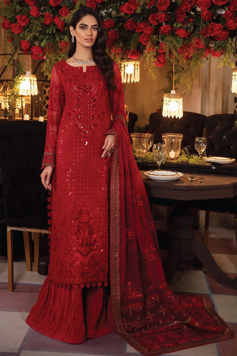 Ruby Red Luxury Chiffon Embroidered 3 piece Suit with Heavy Net Dupatta | Ready-to-Wear