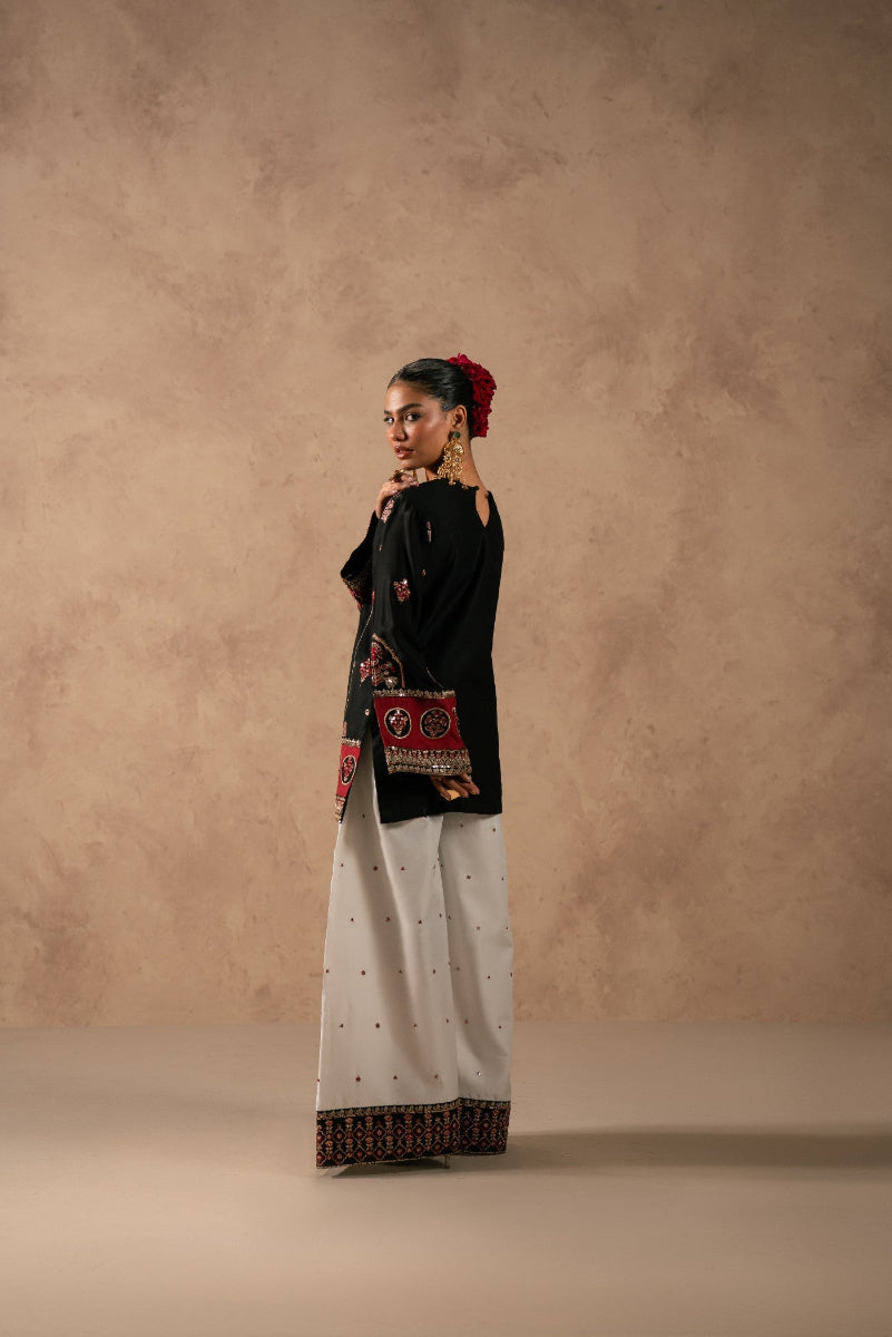 Ethnic Black & Maroon Shamooz Silk Embroidered 3-Piece Suit | Ready to Wear