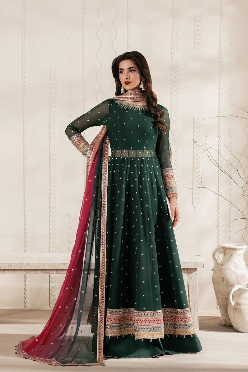 Emerald green Bridal Maxi Chiffon & Malai with Heavy Zari Embroidery | Ready-to-Wear