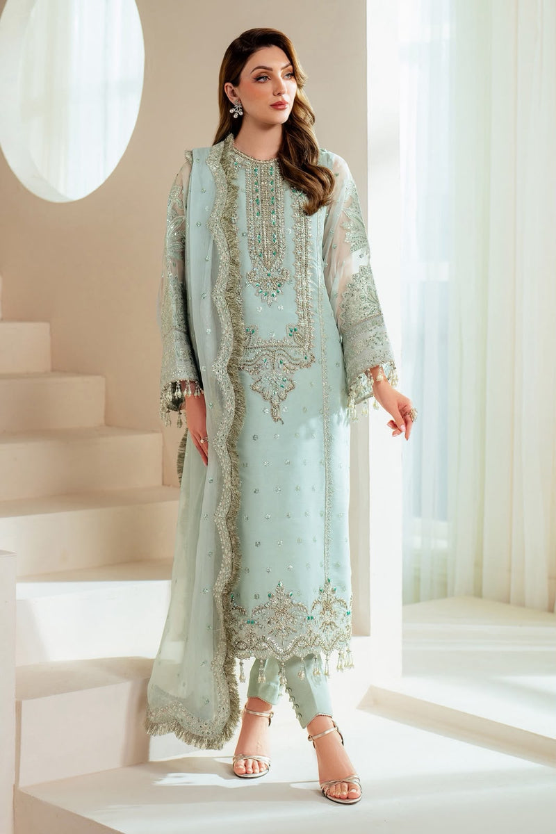 LIZEH Luxury Mint Organza Hand-Embellished Partywear Dress | Ready to Wear