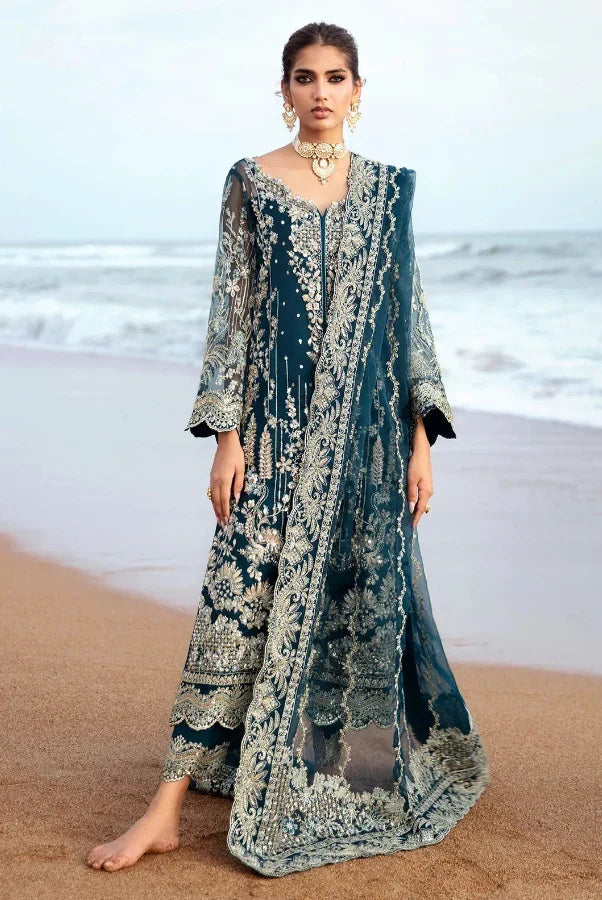 Rich Peacock Teal & Silver Embroidered Chiffon Suit