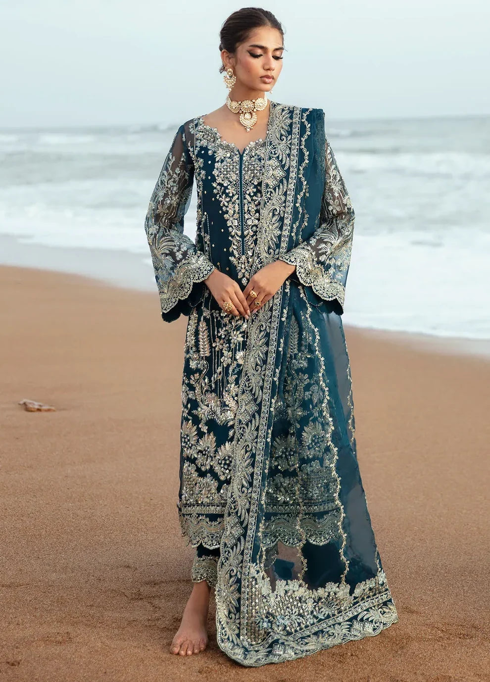Rich Peacock Teal & Silver Embroidered Chiffon Suit