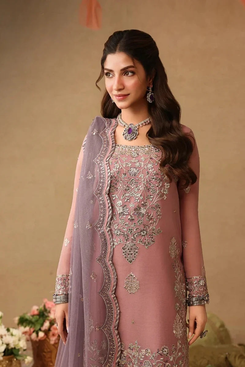 Mauve Pink & Metallic Silver: Embroidered Chiffon Suit