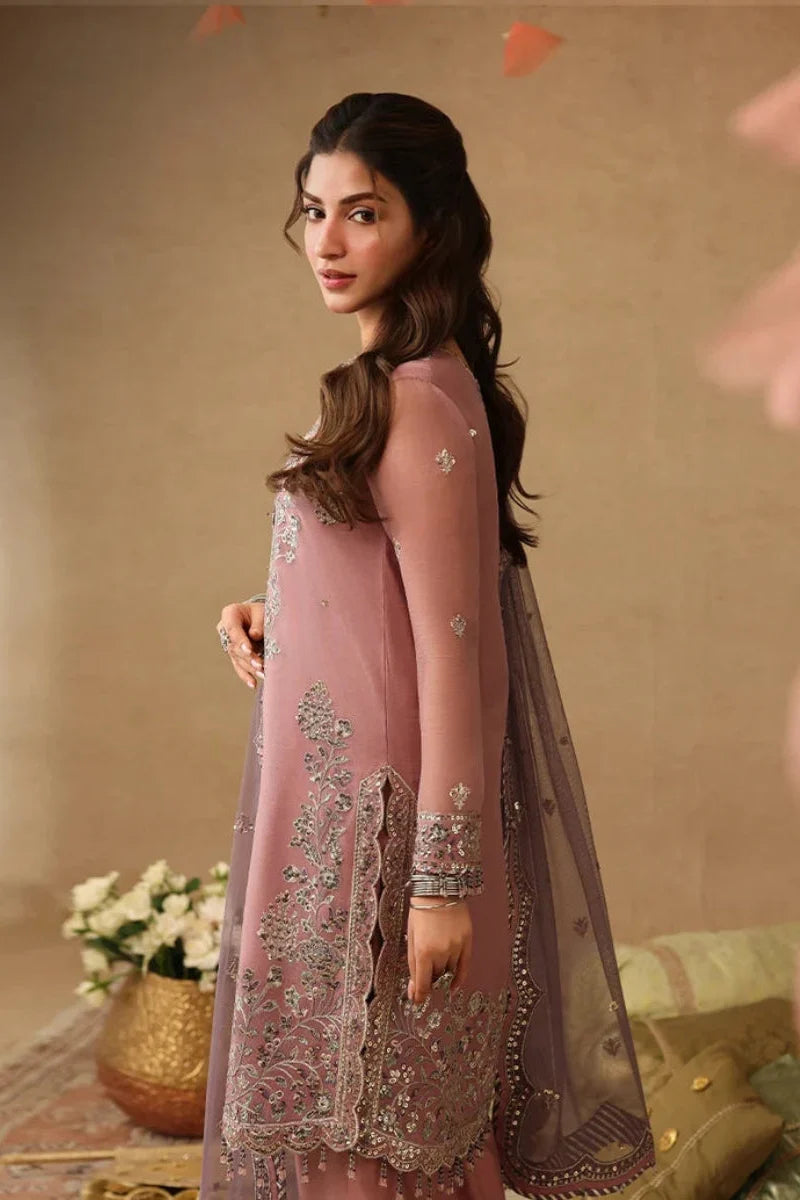 Mauve Pink & Metallic Silver: Embroidered Chiffon Suit