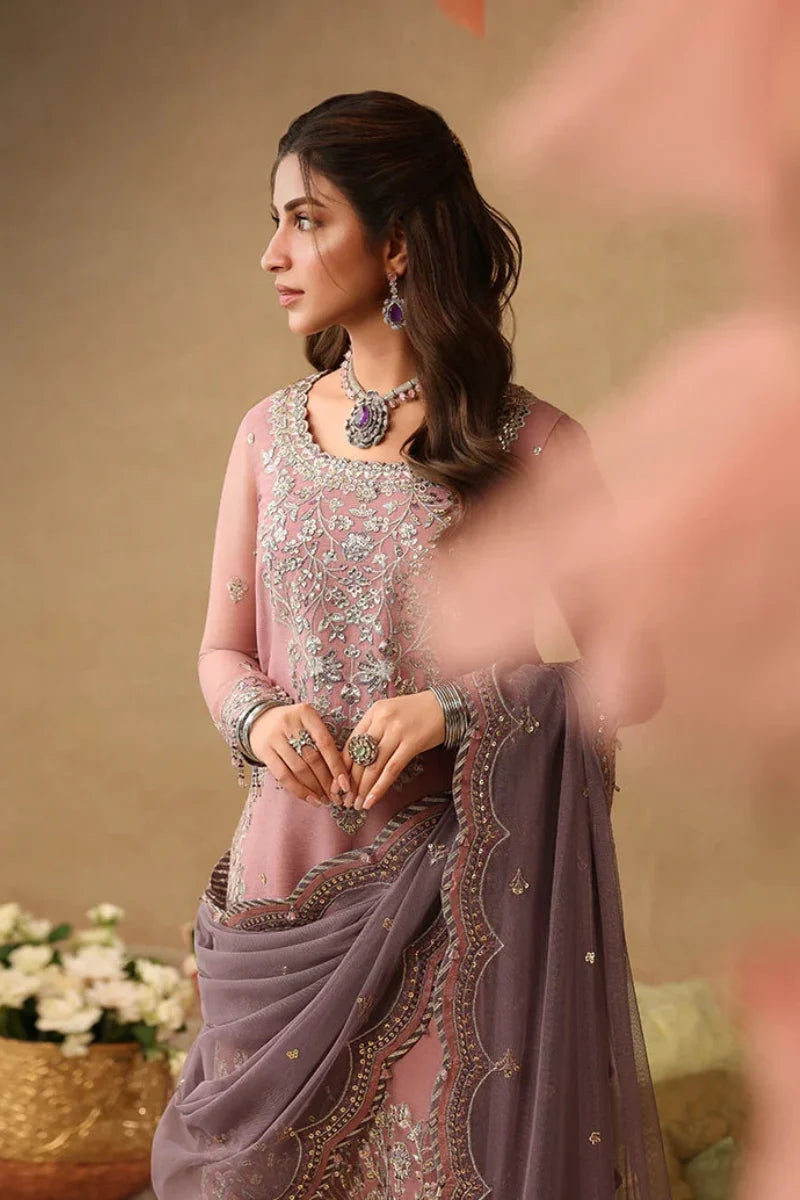 Mauve Pink & Metallic Silver: Embroidered Chiffon Suit