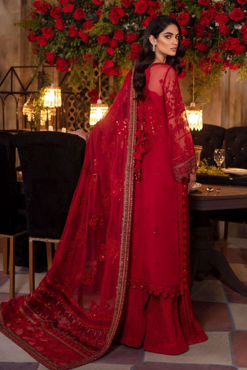 Ruby Red Luxury Chiffon Embroidered 3 piece Suit with Heavy Net Dupatta | Ready-to-Wear