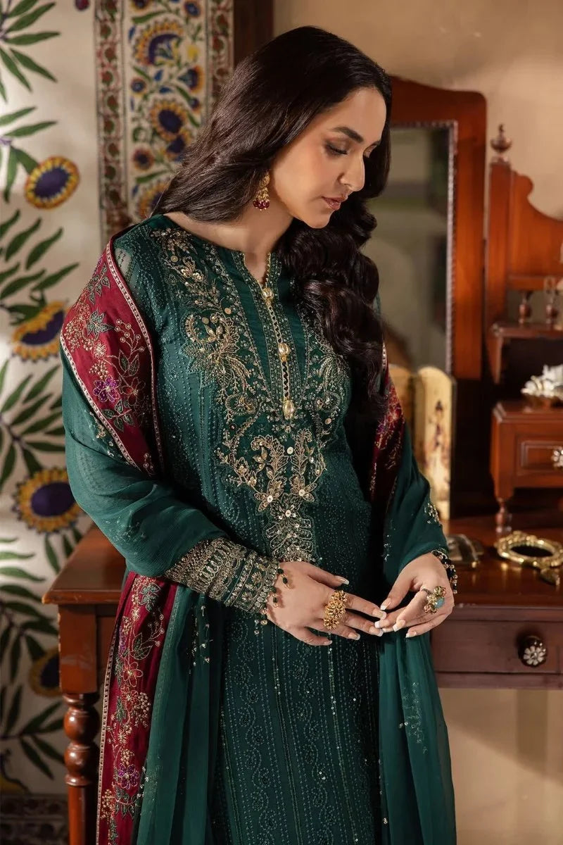 Dark Green Luxury Heavy Embroidered Chiffon 3-Piece Ready-to-Wear