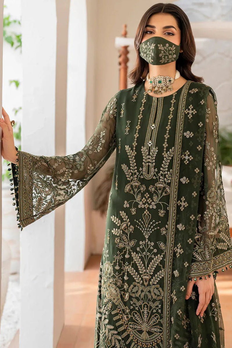 Olive Green Luxury Chiffon Embroidered 3-Piece Suit | Ready to Wear