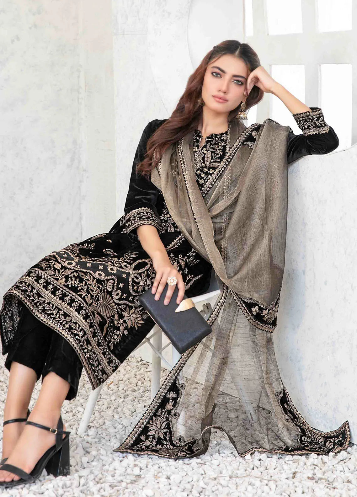 03-Piece Stitched Velvet Suit With Maysori Dupatta
